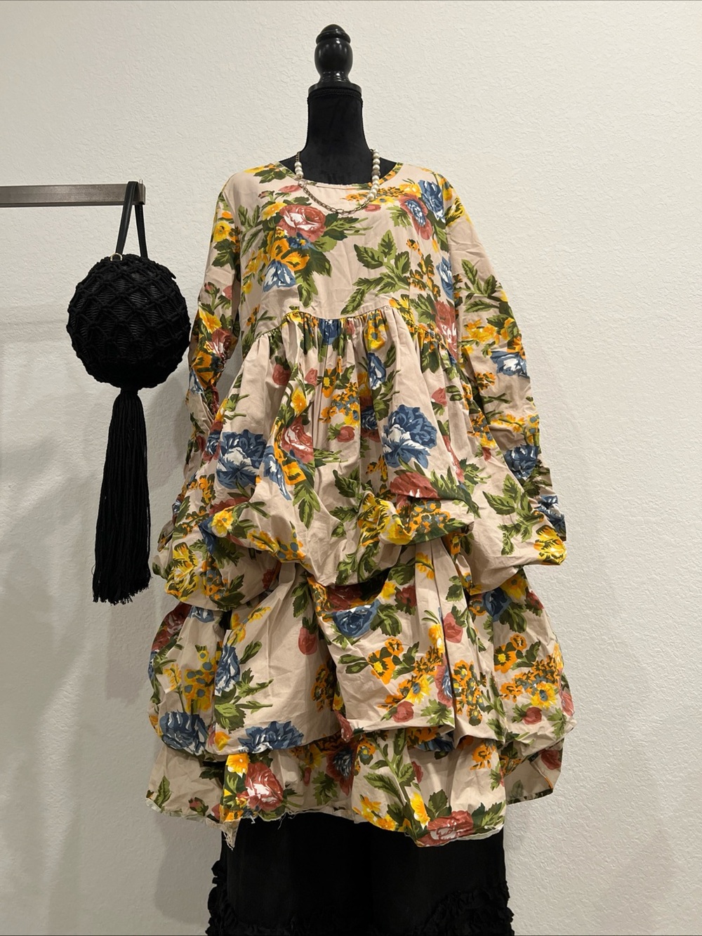 Floral Tiered Balloon Dress in Beige with Multicolor Bloom Sz L